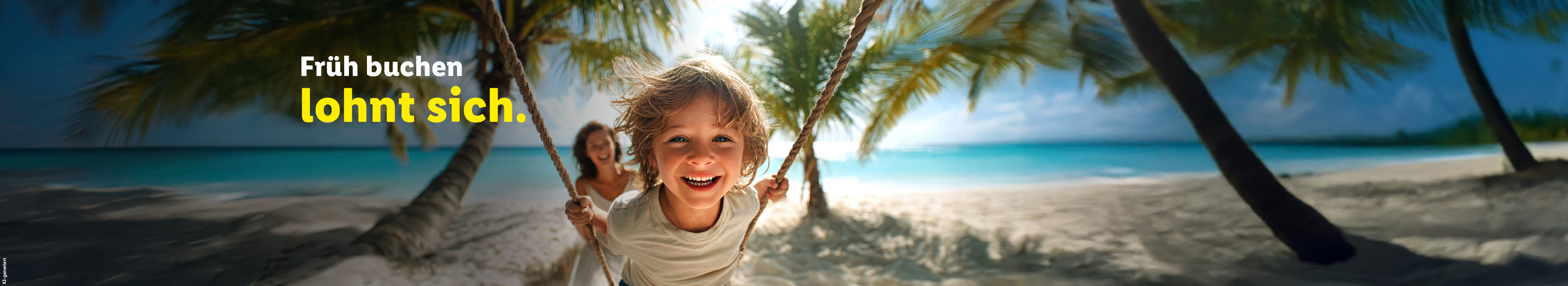 Kinderleicht sparen lohnt sich. Nahaufnahme eines freudig lachenden Kindes auf einer Schaukel am Strand. Im Hintergrund ist eine lächelnde Frau vor einer Kulisse aus weißem Sand, Palmen und türkisfarbenem Meer zu sehen