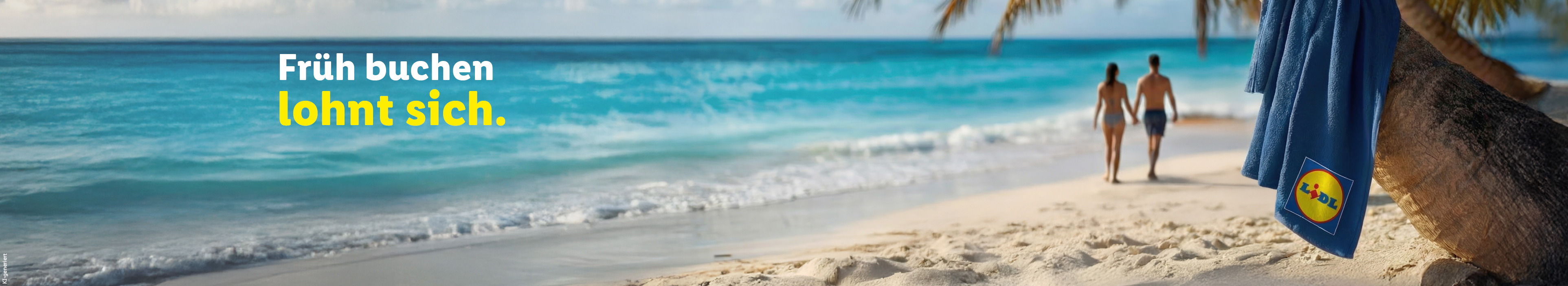 Früh buchen lohnt sich. Ein junges Paar geht Händchen haltend auf einem weißen Sandstrand auf das türkisfarbene Meer zu. Rechts im Vordergrund lehnt eine Palme, an der ein blaues Handtuch mit dem Lidl-Logo hängt