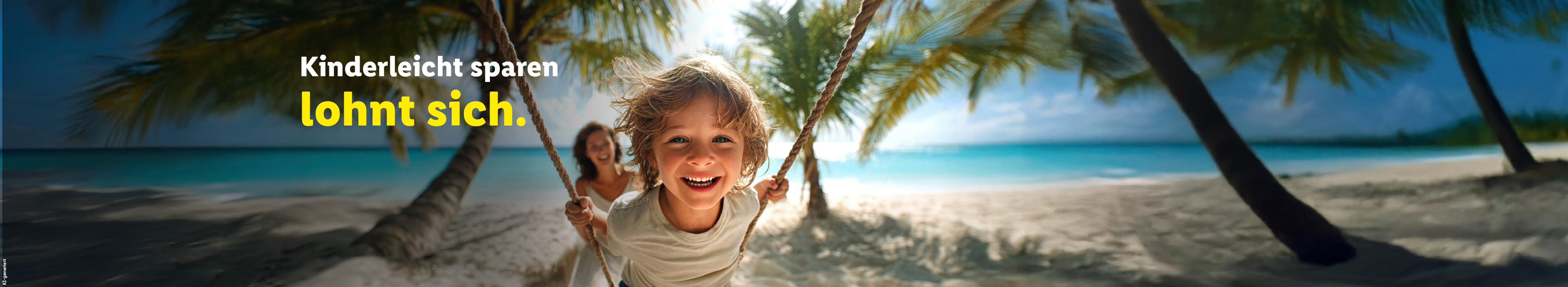 Kinderleicht sparen lohnt sich. Nahaufnahme eines freudig lachenden Kindes auf einer Schaukel am Strand. Im Hintergrund ist eine lächelnde Frau vor einer Kulisse aus weißem Sand, Palmen und türkisfarbenem Meer zu sehen