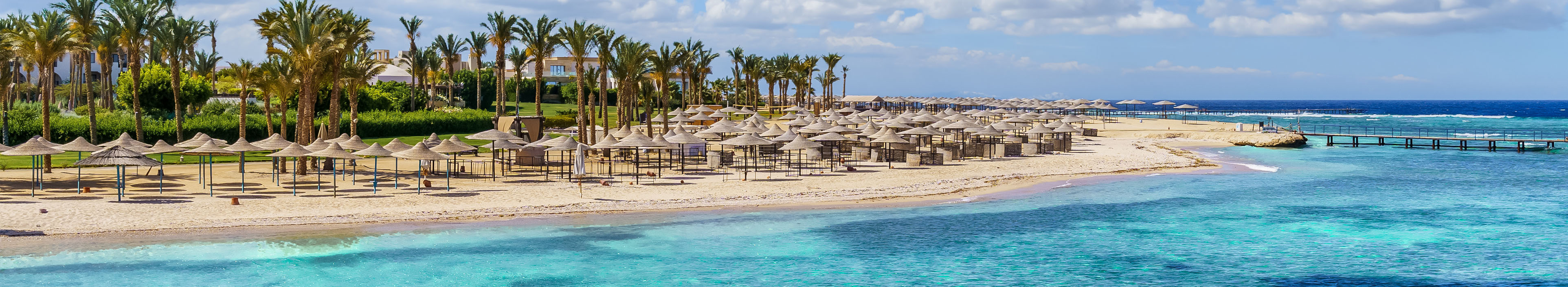Palmen und Sonnenschirme am Strand von Marsa Alam, Ägypten.