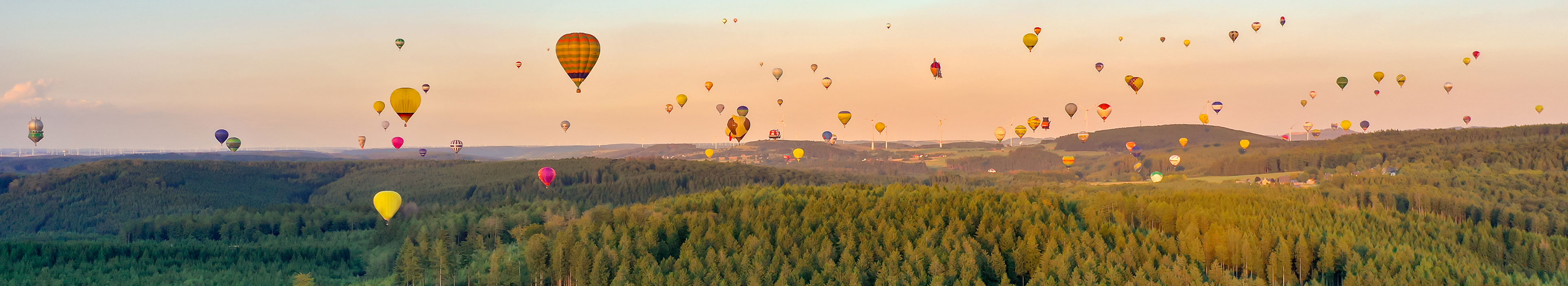 Bunte Heißluftballons fliegen über einen Nadelwald im Sauerland Urlaub. Die Sonne ist fast untergegangen, der Himmel ist blau.