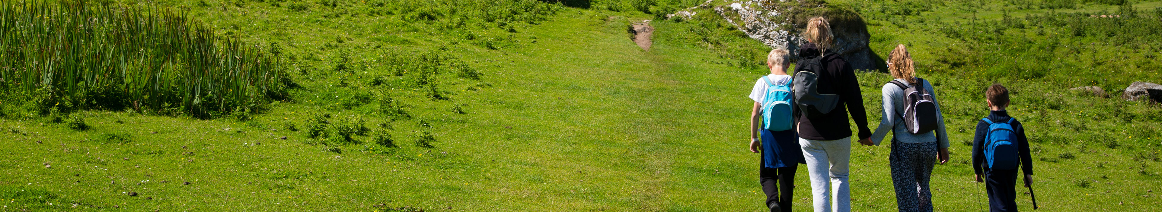 Eine Familie läuft gemeinsam in einer irischen Landschaft mit sattem Grün, bei einem Familienurlaub.