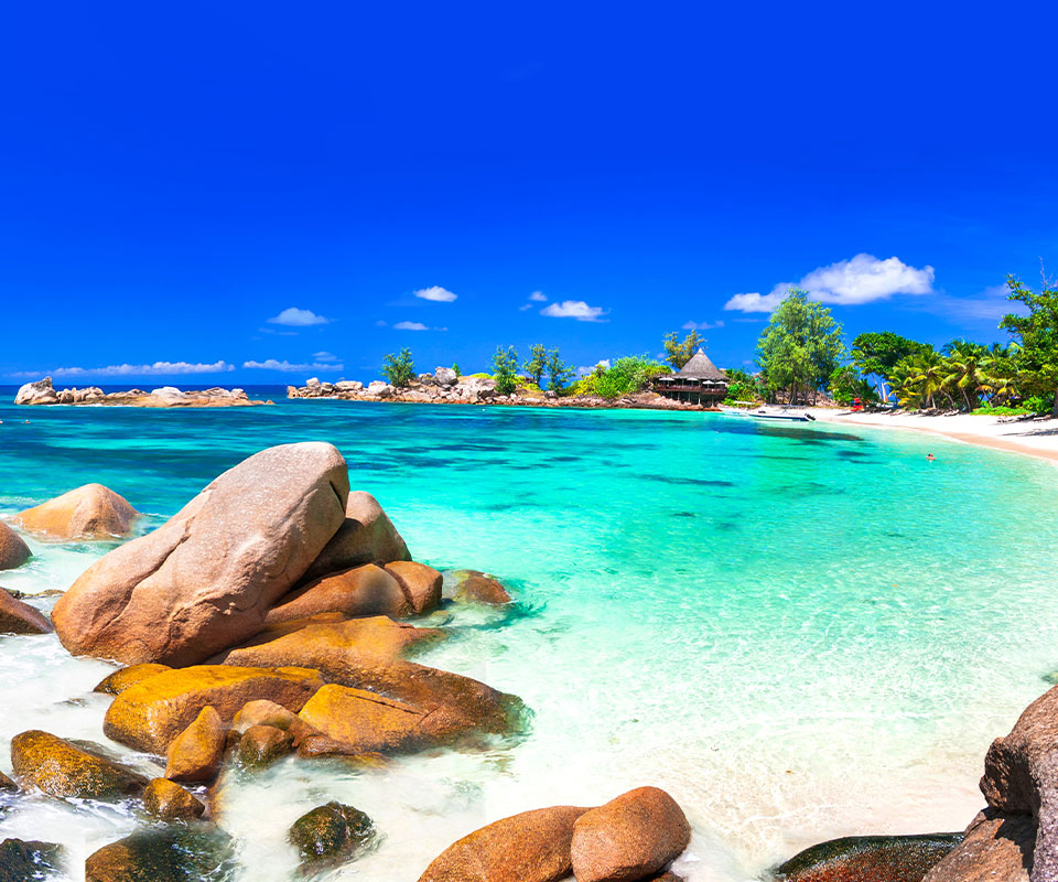 Urlaub Seychellen. Weißer Strandabschnitt mit türkisblauem Meer und im Hintergrund grüne Bäume.