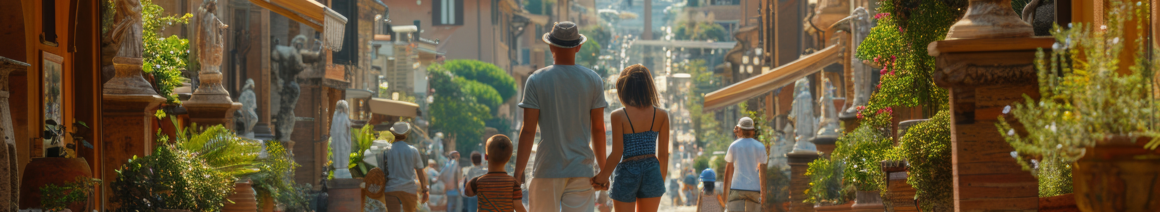 Eine dreiköpfige Familie erkundet an einem sonnigen Tag die historischen Straßen Roms während eines Familienurlaubs mit Lidl Reisen