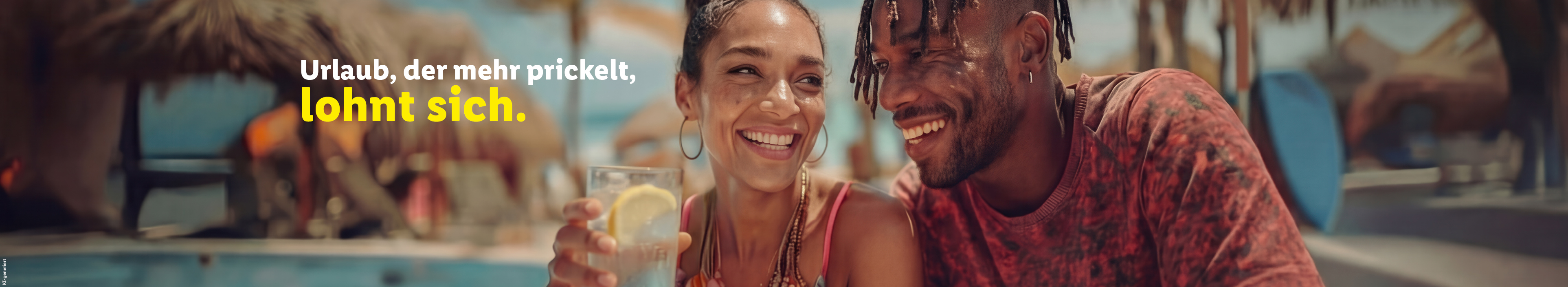Urlaub, der mehr prickelt, lohnt sich. Nahaufnahme eines lächelnden Paares an einer Strandbar. Die Frau hält ein Glas mit einem kohlensäurehaltigen Getränk und einer Zitronenscheibe in der Hand. Im Hintergrund sind Sonnenschirme und Palmen angedeutet