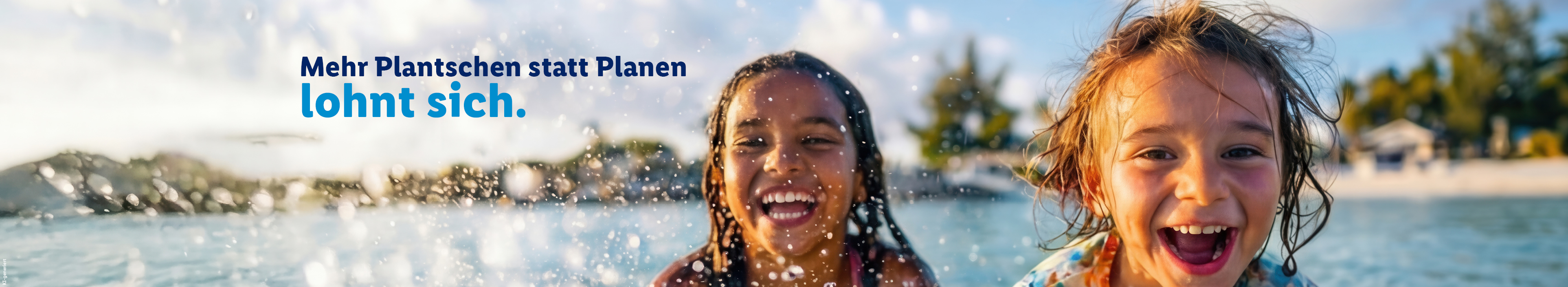 Mehr Plantschen statt Planen lohnt sich. Nahaufnahme von zwei lachenden Kindern, die im Wasser spielen. Wassertropfen spritzen in die Luft. Im Hintergrund ist eine sonnige Küstenlandschaft zu sehen