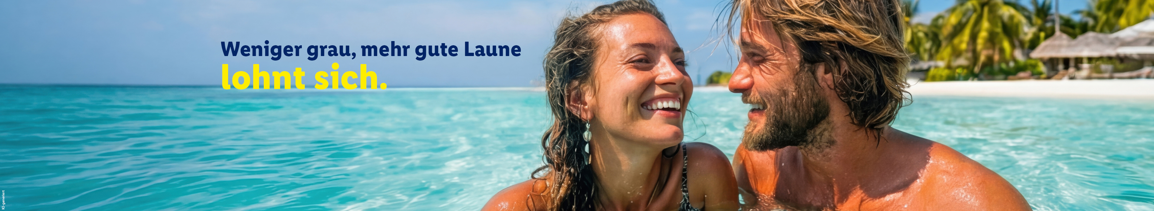 Weniger grau, mehr gute Laune lohnt sich. Nahaufnahme eines lächelnden Paares im kristallklaren, türkisfarbenen Meer. Im Hintergrund ist ein heller Sandstrand mit Palmen zu sehen.