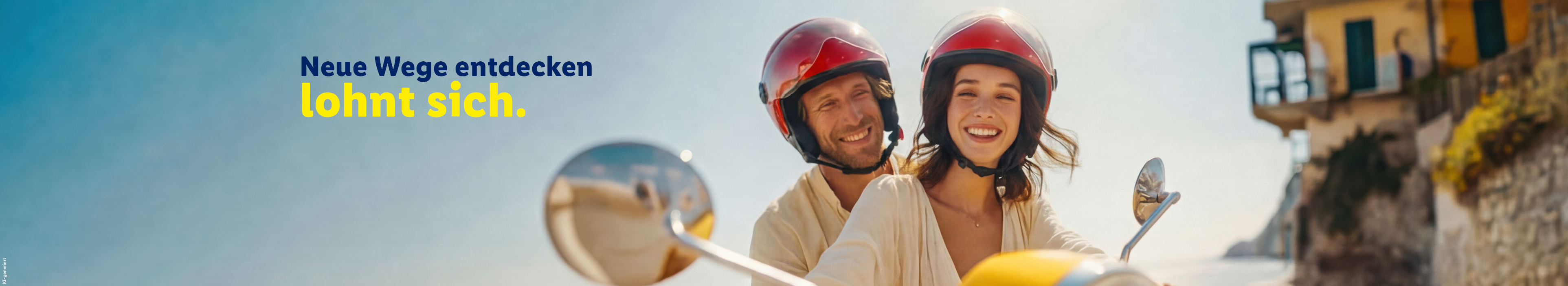 Neue Wege entdecken lohnt sich. Nahaufnahme eines lächelnden Paares auf einem gelben Motorroller. Beide tragen rote Helme mit Visier. Im Hintergrund sind ein heller Himmel und die Fassade eines Gebäudes an einer Küste zu sehen